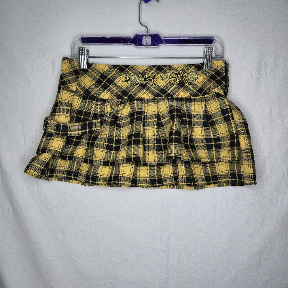 Punky Fish Ladies Plaid Yellow Black Mini Skirt With Side Zipper Size Small